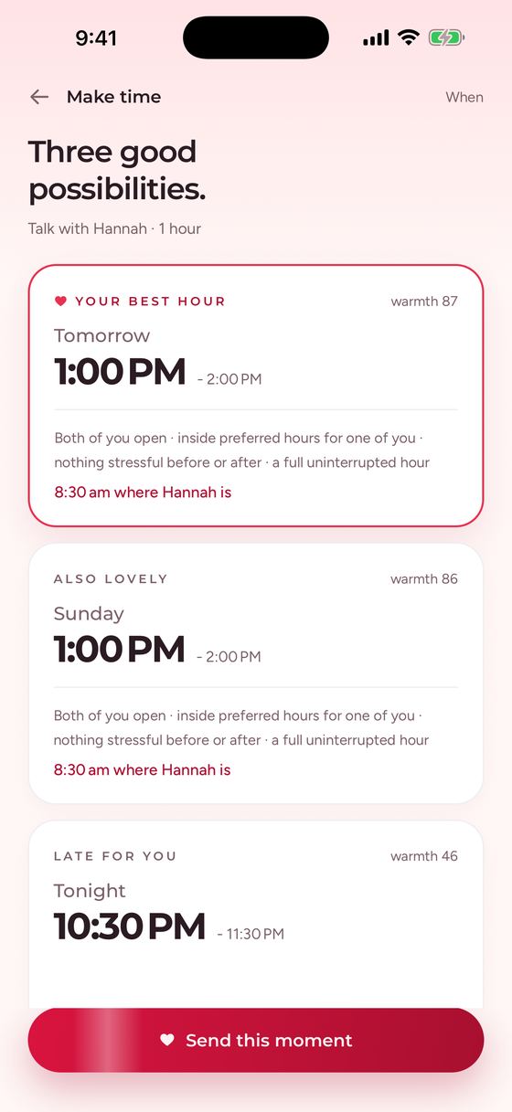 Make time screen offering three good possibilities, with the best hour shown in both time zones.
