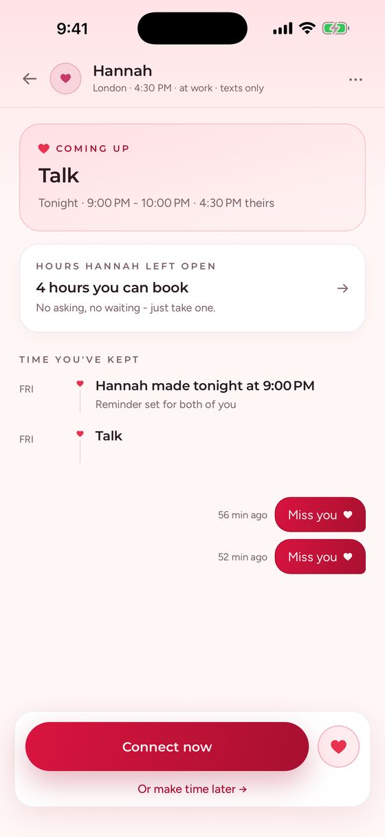A person's page: a talk coming up tonight, the hours they left open to book, and Miss you notes.