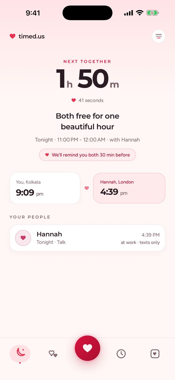 The timed.us Tonight screen: next together in 1 hour 50 minutes, both free for one beautiful hour with Hannah, and two clocks, 9:09 pm in Kolkata and 4:39 pm in London.